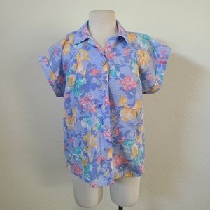 Blair 80s Does 50s Womens Button Up Hawaiian Shirt, Blue, Yellow, Pink Size S